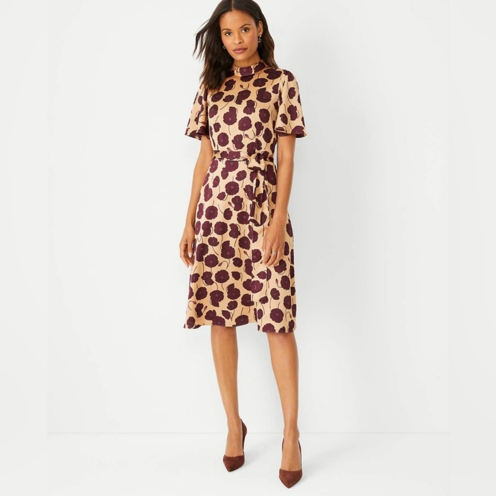 Ann Taylor Floral Flutter Sleeve Belted Flare Dress